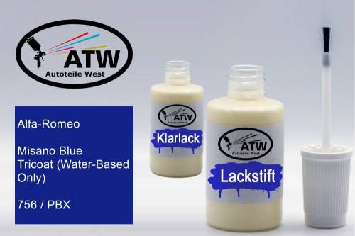 Alfa-Romeo, Misano Blue Tricoat (Water-Based Only), 756 / PBX: 20ml Lackstift + 20ml Klarlack - Set, von ATW Autoteile West.